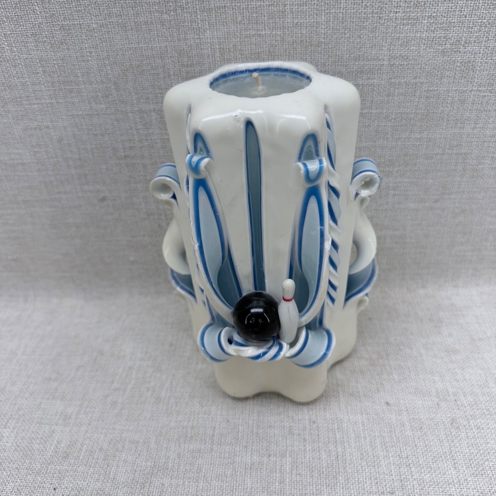 Vintage Virginia Beach Candle Factory Hand Carved Bowling Candle Blue White 6"